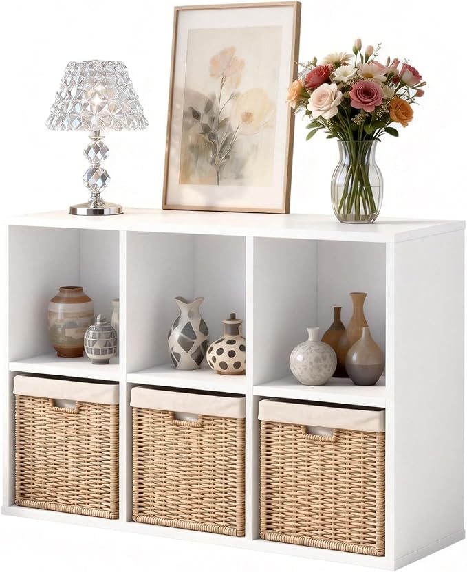 Wooden 6 Cube Storage Organizer with Closed Back Panel,White Cube Shelf Cubby Storage Organizers with Compartments for Living(White, 6 Cube-13in)