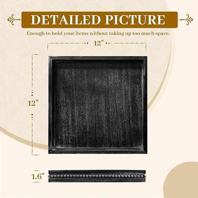 MAONAME Wood Serving Tray, Farmhouse Wooden Tray for Coffee Table, Rustic Square Trays with Beads, Vintage Black Decorative Trays for Living Room, Kitchen, 12" X 12" X 1.6"