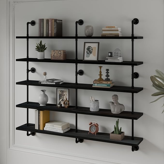 HDDFER Floating Shelves for Wall Bookshelf Industrial Pipe Shelving Shelves 60 Inch 5 Tier Natural Wood Planks Rustic Wall Shelves Hanging Bookshelves Farmhouse Kitchen Shelving