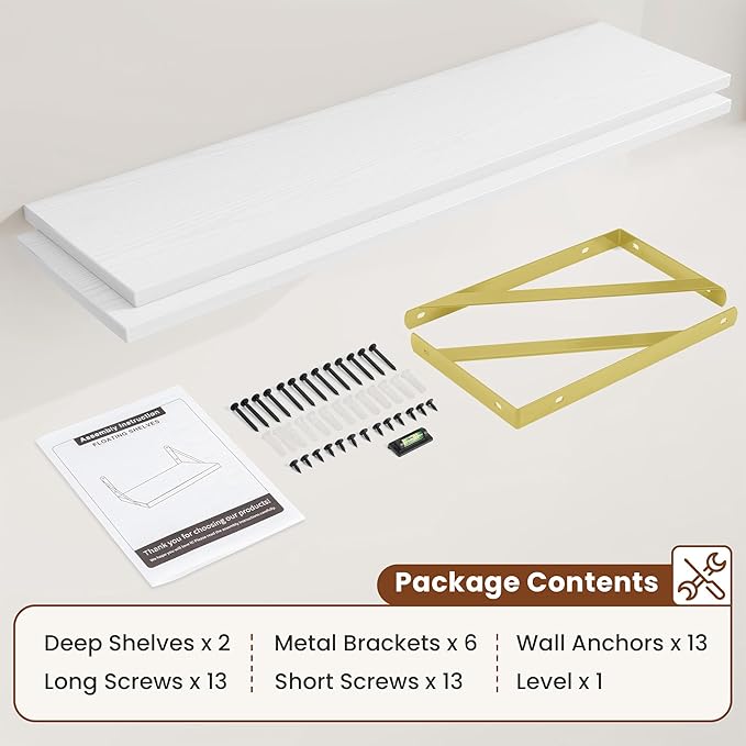 Deep Wall Shelves 55"W x 12"D Engineered Wood Floating Shelves for Wall, Sturdy Metal Bracket(Gold) Bookshelves Home Decor Storage for Living Room Bedroom Bathroom Kitchen, Set of 2, White Finish