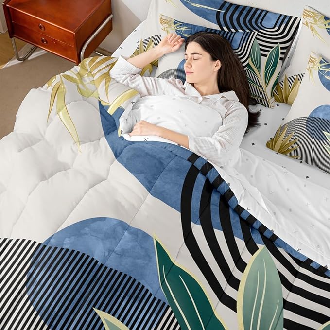 Erosebridal Mid Century Modern Bedding Sets Full Modern Boho 7 Piece Comforter Set,Abstract Minimalist Art Bed in a Bag Arch Curve Leaves Aesthetic Sheet Set with Comforter,Blue Green