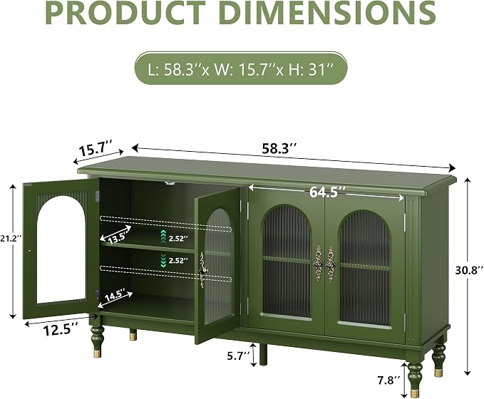 iPormis Fluted Arched Buffet Cabinet Set of 2, 59" Vintage Sideboard with Glass Door & Adjustable Shelves, Mid Century Modern Solid Wood Credenza Accent Cabinet for Living Room, Entryway, Green
