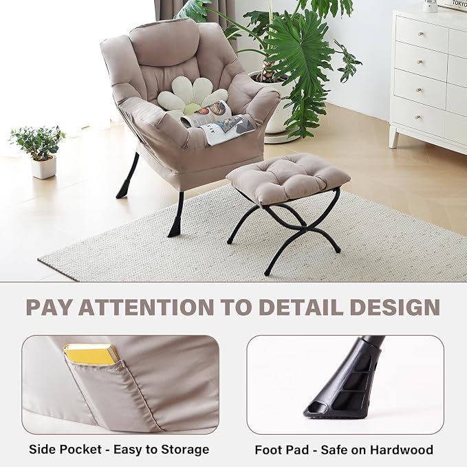 Tiita Modern Large Accent Chair with Ottoman, Comfy Leisure Sofa Armchair with Footrest, Reading Chair for Bedroom, Living Room, Dorm Rooms, Khaki