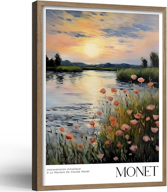 Framed Canvas Monet Gallery Style Wall Art Print Sunset Landscape Poster Impressionist Floral Picture Decor Living Room Bedroom Office Apartment Farmhouse 12X16 Inch Ready to Hang