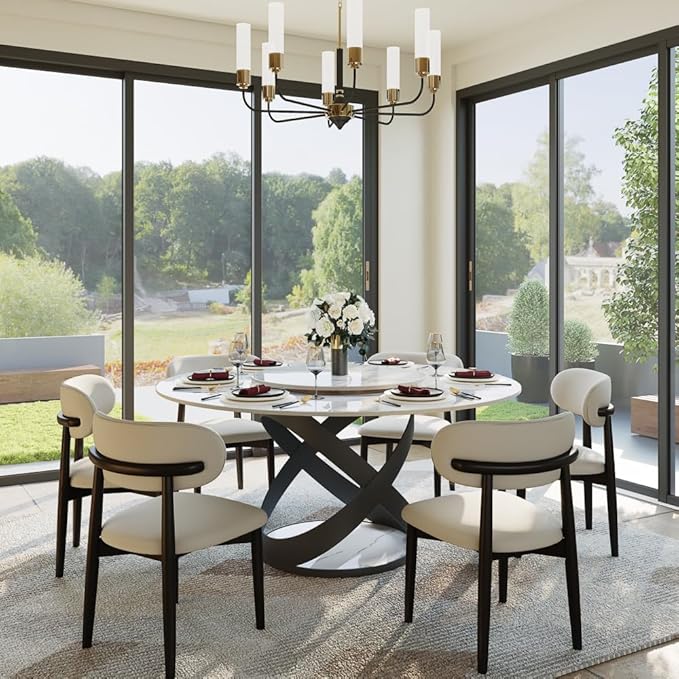 POVISON 59" Modern Dining Table, Glossy White Round Dining Table for 6 Built in Lazy Susan, Sintered Stone Dining Tabletop with Black X Carbon Steel Base (Table Only)