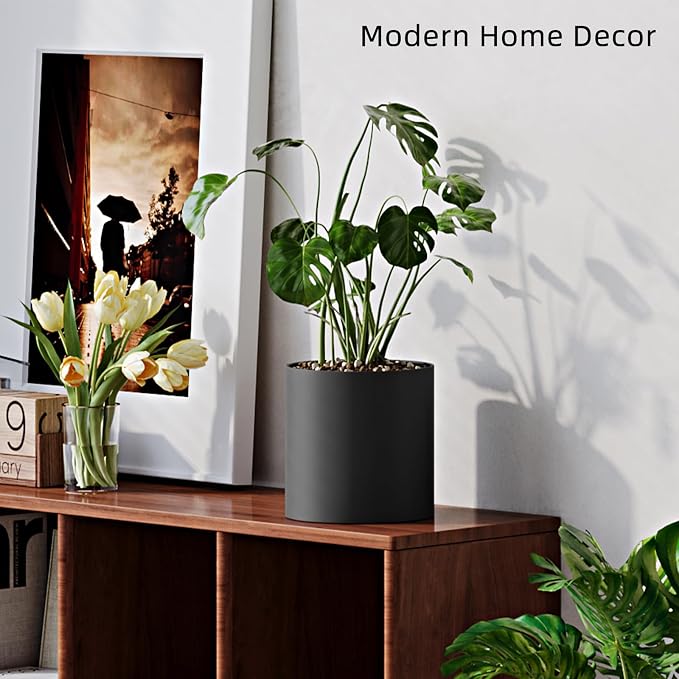 Black Metal Plant Pot with Drainage Hole,7 Inch Mid Century Modern Small Pot Indoor Outdoor Planters for Succulents, Flowers & Home Decor Gift Window Living Room Bedroom