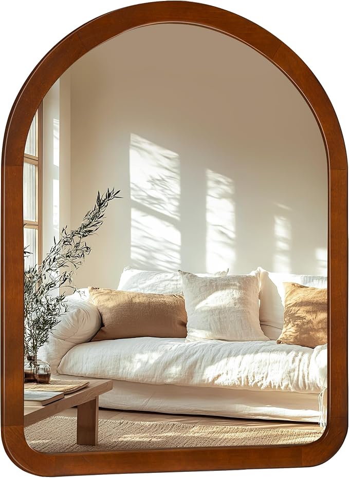 Arched Mirror 30 x 40 Inch,Walnut Brown Wood Rustic Bathroom Tempered Wall Mirror with Wood Frame,Round Corner Arch Farmhouse Wooden Vanity Mirror for Living Room,Entryway or Bedroom