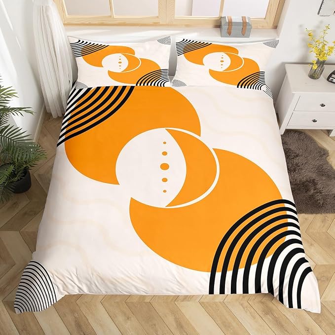 Erosebridal Orange Minimalist Comforter Cover Mid Century Bed Set, Geometric Circle Duvet Cover Full Size Black Creamy White Aesthetic Bedding Sets, Modern Bedspread Cover Microfiber 3 Pieces