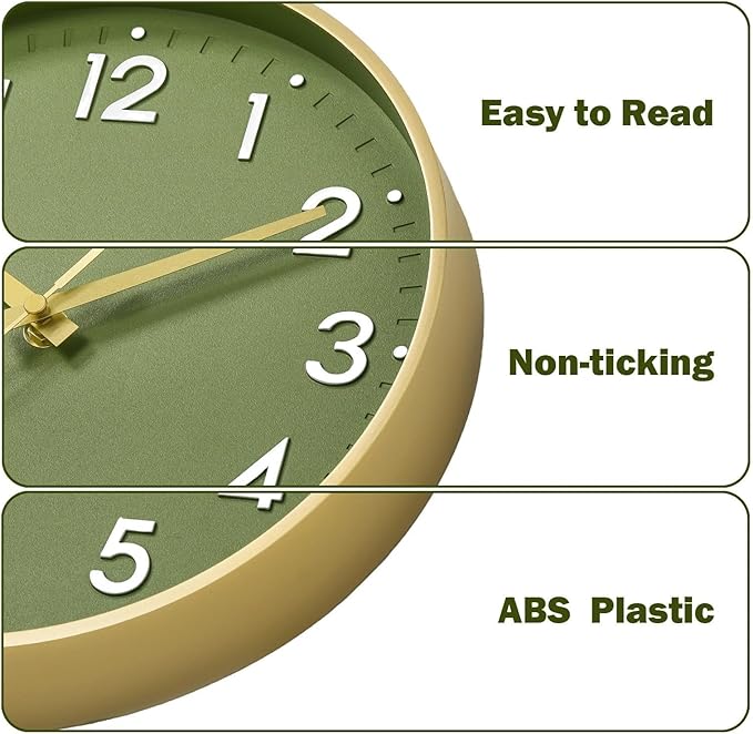 Mosewa Wall Clock 12 Inch, Battery Operated Non-Ticking Analog Clock Decorative for Kitchen, Bedroom, Office, Home(Gold)