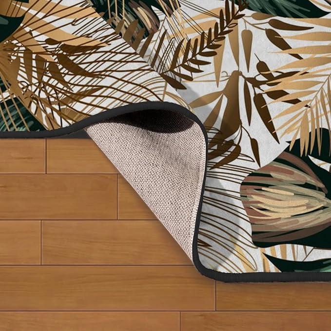 Ansouyi Non-Slip 5x7 ft Area Rugs, Washable Rug Carpet for Living Room, Emerald Green Gold Tropical Botanical Plant Home Decor Rugs for Game Room Classroom Bedroom Dining Kindergarten Room