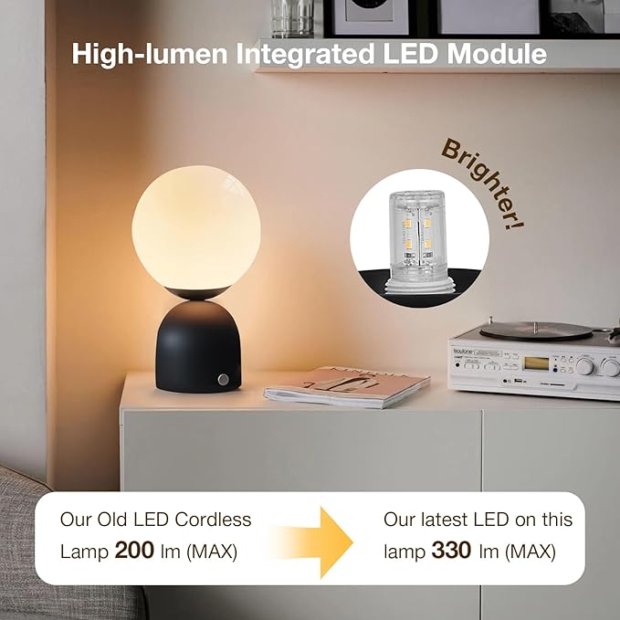 Cordless Globe Glass Table lamp Black, 5200-mAh Rechargeable Orb Lamp, 3-Level Brightness Dimmable, Integrated LED 320 Lumen Max, for Bedside Nightstand Light