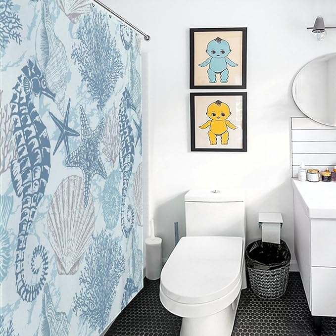 Nautical Coastal Shower Curtains,Ocean Summer Beach Seahorse Starfish Undersea Animals Theme Bathroom Curtain Waterproof Fabric Machine Washable with Hook,72x78Inch