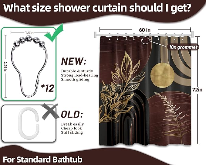 Dark Brown and Black Shower Curtain Boho Mid Century Gold and Brown Shower Curtains for Bathroom Decor, Waterproof Cloth Fabric with Hooks, 60" W x 72" L