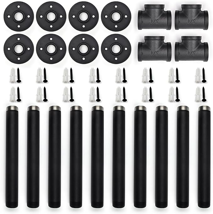 16 Inch Industrial Pipe Table Leg Set, Iron Base Legs for Coffee Tables, Desks, NightstandVintage, Dark Grey Black Rough Pipes, 2pcs