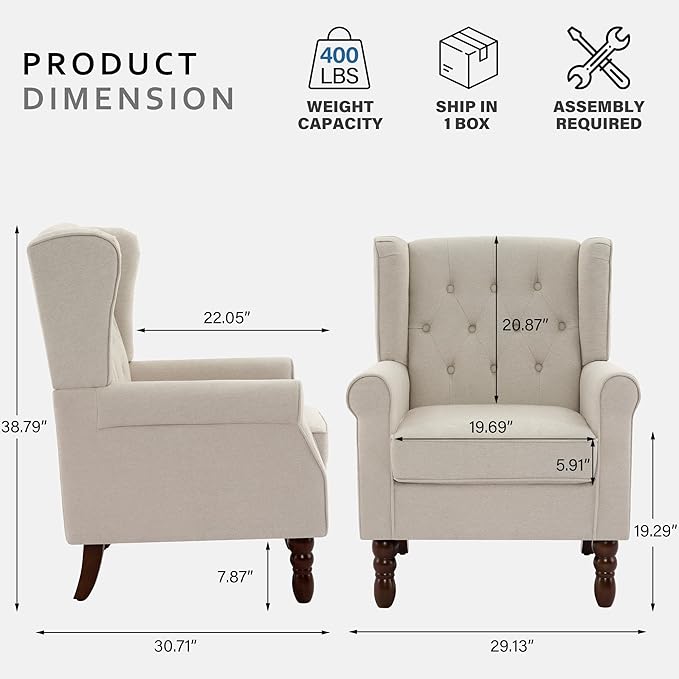 Accent Chairs Set of 2, High Back Upholstered Chair with Button Tufted, Mid-Century Modern Comfy Wingback Chair Reading Armchair in Fabric for Living Room for Bedroom, Office-Beige