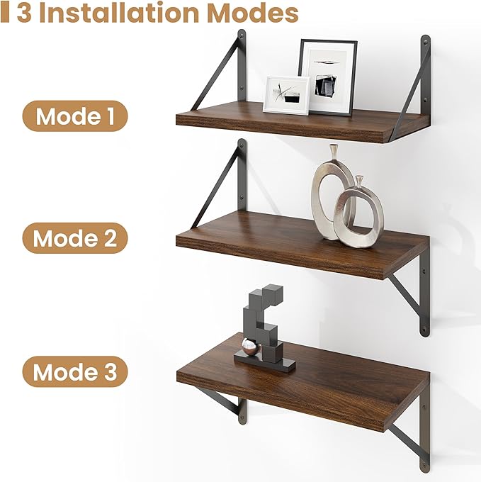 Heimlove Floating Shelves for Wall Set of 3,Light Wood Wall Mounted Bookshelf Decorative Shelf for Living Room Bathroom Bedroom Kitchen Laundry Pictures Plants Books Cats TV,Walnut Color