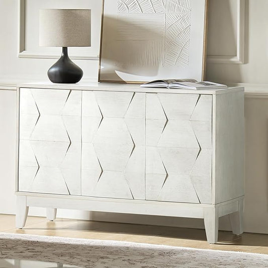 HULALA HOME Modern Kitchen Buffet Cabinet Storage Sideboard with 3D Geometric Design, Freestanding Floor Cabinet with 3 Doors & 2 Adjustable Interior Shelves for Living Room Dining Room Hallway, White