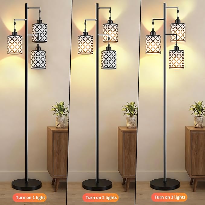 Dimmable Floor Lamp, Farmhouse Standing Lamp with Elegant Metal Cage, Industrial Tall Tree Floor Lamps for Living Room, Bedroom, Study Room, Office, 3 x 800LM LED Bulbs Included, 72", Black