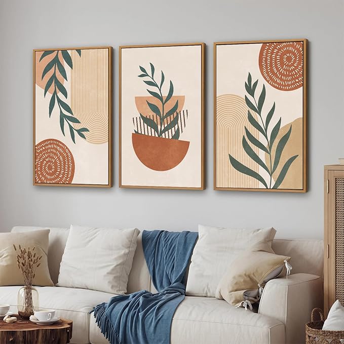 Rantodecor Large Boho Framed Canvas Wall Art Set of 3, Mid Century Modern Wall Decor, Bohemian Beige Geometric Line Art Paintings, Neutral Sage Green Leaf for Bedroom Living Room Office Home 16"x24"