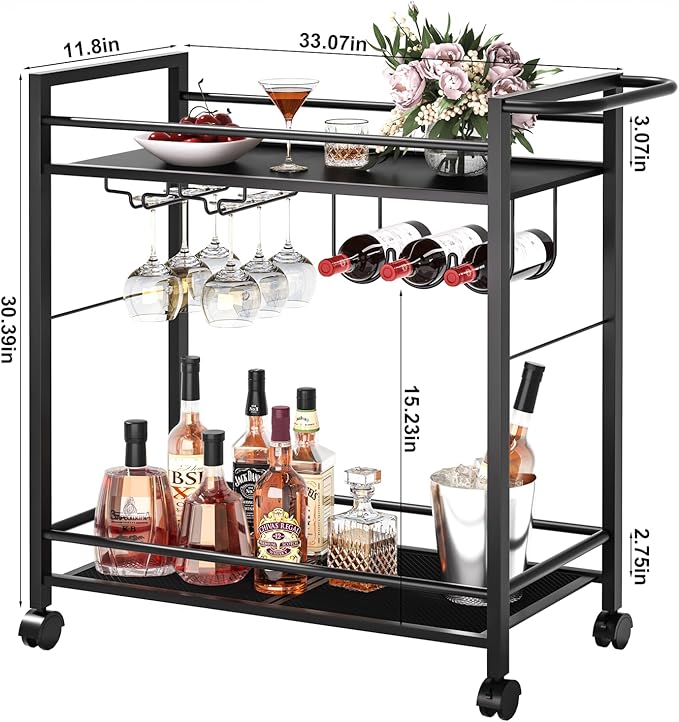 Bar Cart,Home Bar Serving Cart with Storage Shelves, 2 Tier Rolling Beverage Cart with Wheels, Modern Wine Cart with Wine Rack and Glass Holder for Kitchen, Living Room,Dinning Room,Black