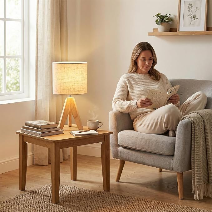 Tripod Table Lamp Linen: Small Bedside Lamp with Natural Rubber Wood Base, Wooden Nightstand Lamp for Bedroom Living Room Nursery Office, Mid Century Modern Desk Lamp, E26 Socket