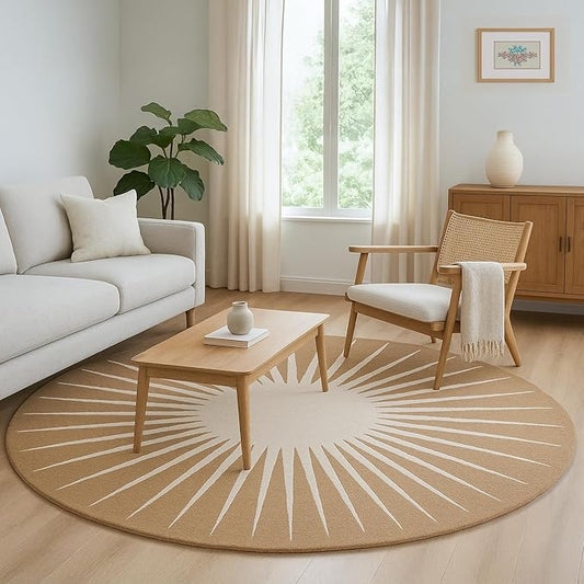 Modern Round Area Rug – Hand-Tufted with 100% NZ Wool, Thick & Soft Circular Carpet for Living Room, Bedroom & Dining Room Decor (Warm Natural, 3' Round)