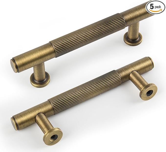 5 Pack Antique Brass Kitchen Cabinet Pulls, 3 Inch Solid Brass Dresser Drawer Handles, Furniture Hardware Door Pulls for Cupborard Wardrobe Closet Vanity