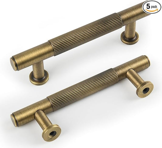 5 Pack Antique Brass Kitchen Cabinet Pulls, 3 Inch Solid Brass Dresser Drawer Handles, Furniture Hardware Door Pulls for Cupborard Wardrobe Closet Vanity