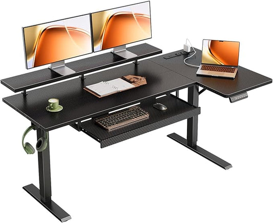 OffiGo 55 Inch L Shaped Electric Standing Desk with Keyboard Tray, Reversible Height Adjustable Corner Computer Desk with Monitor Stand, Sit Stand Up Lift Table for Home, Office, Carbon Fiber Black