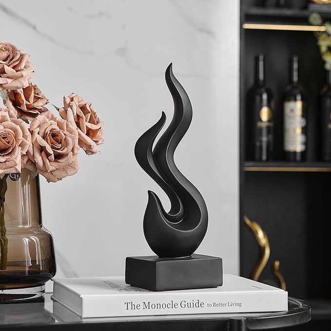 Modern Abstract Art Table Decoration, Gold Decor Flame Statue for Living Room Home, Black Shelf Decor Accents, Abstract Art Resin Sculpture for Dining Room, Office & Coffee Table Centerpiece (Black)