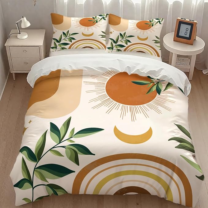 Mid Century Leaf Bedding Set,Boho Tropical Nature Plants Modern Minimalist Comforter Set with Pillowcase for Bedroom Bed Decor，Twin 86"x70"