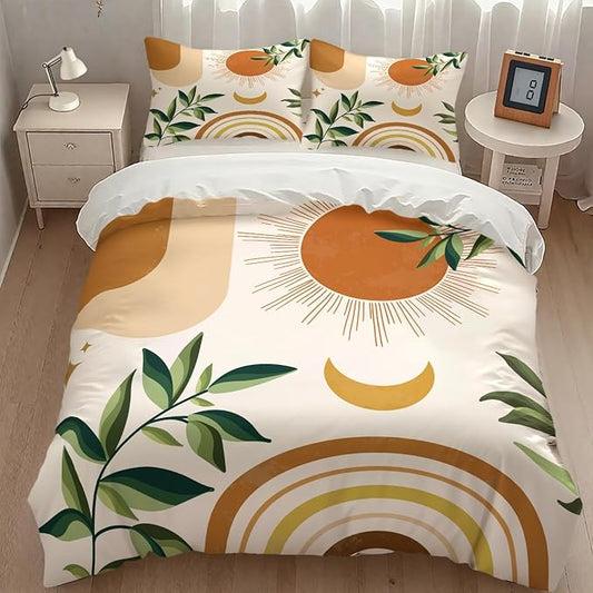 Mid Century Leaf Bedding Set,Boho Tropical Nature Plants Modern Minimalist Comforter Set with Pillowcase for Bedroom Bed Decor，Twin 86"x70"