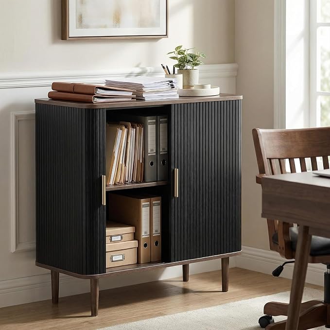 AKMAKM 35" Fluted Accent Buffet Cabinet, Black Small Storage Sideboard with Sliding Door, Mid Century Modern Credenza with Solid Wood Leg, Wine Coffee Bar Console Table for Kitchen, Entryway, Living