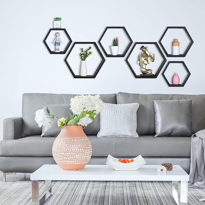 PHOENANCEE Hexagon Floating Shelves,Honeycomb Shelves Set of 3,Wall Mounted Wood Farmhouse Hexagonal Storage Shelf for Bathroom, Kitchen, Bedroom, Living Room