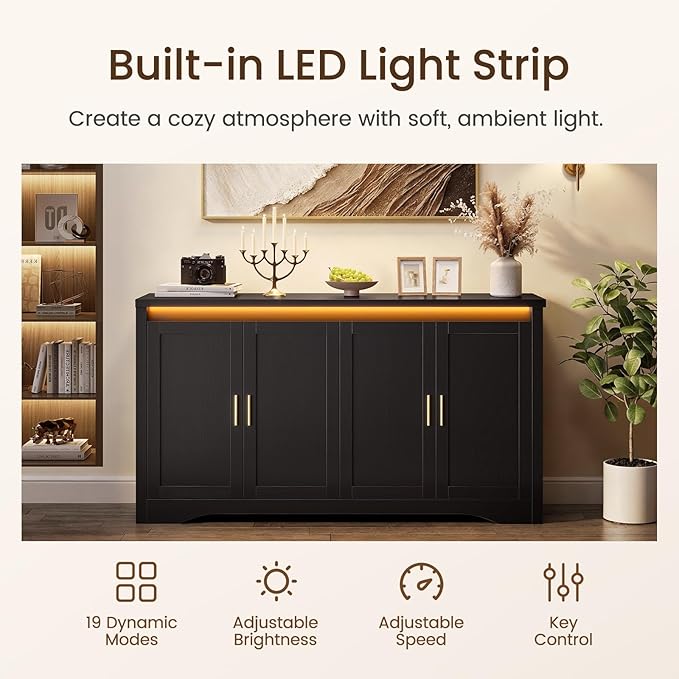 60'' Sideboard Buffet Cabinet with Storage, Modern Coffee Bar Cabinet with Power Outlets, LED Light, 4 Doors & Adjustable Shelves, Buffet Table for Kitchen, Dining Room, Living Room, Black