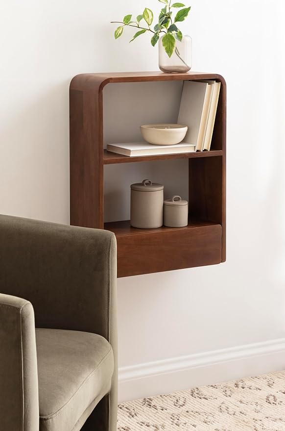 Kate and Laurel Kato Modern Wall Shelf with Drawer; 18 x 24; Walnut Brown; Decorative Over The Toilet Shelf for Use as Bathroom Storage or Living Room Display Shelf