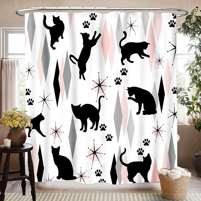 Mid Century Modern Shower Curtain for Bathroom, Retro Abstract Geometric Black Cat Atomic Pink Kittey Retro 1950s 1960s Waterproof Fabric Shower Curtain Set with Hooks, 72"x78"