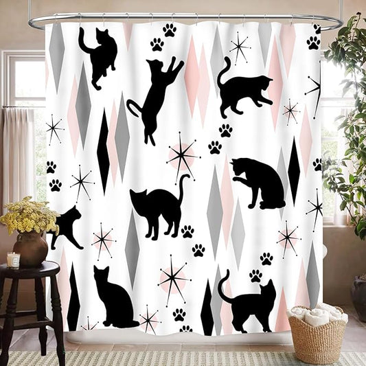 Mid Century Modern Shower Curtain for Bathroom, Retro Abstract Geometric Black Cat Atomic Pink Kittey Retro 1950s 1960s Waterproof Fabric Shower Curtain Set with Hooks, 72"x84"