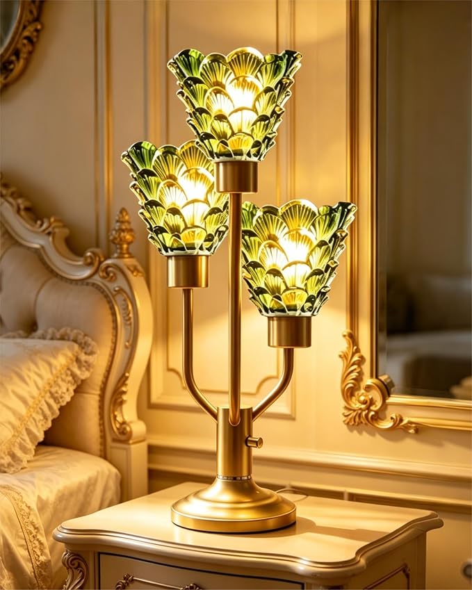 Lightdot Mid Century Modern Table Lamp for Bedroom Dimmable Nightstand Lamp Gold Vintage Desk Lamp Green Glass 3 Bulbs Included Warmwhite Ambient Bedside Lamp for Living Room Home Office Decor Gift