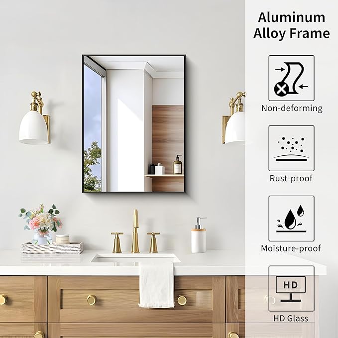 KOCUUY Black Bathroom Mirror, 24x18 Inch Rectangle Mirror for Over Sink, Modern Decorative Wall Mirror for Bedroom Living Room Bathroom, Hang Horizontal/Vertical