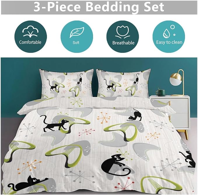 Mid Century Bedding Set,Retro Black Cat Atomic Diamond Star 1950s 1960s Abstract Geometric Minimalist Simple Modern Comforter Set with Pillowcase for Bedroom Bed Decor，Twin 86"x70"