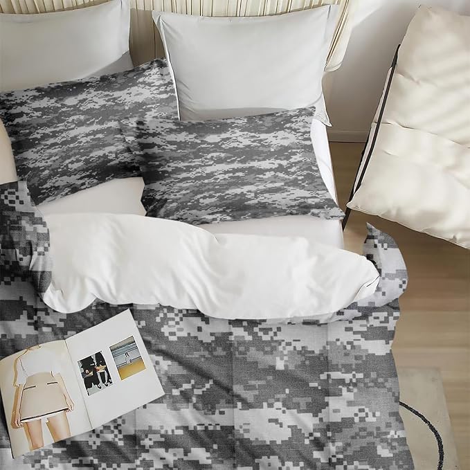 Comforter Set with 2 Pillowcases King Size, Gray Camouflage Digital Camo Army Military, Bed Decor Grey Navy Brown Us Black White for Kids and Adults, Soft Cozy Bedroom Bedding Set