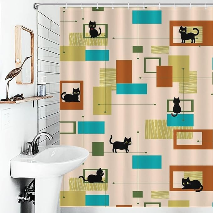 Mid Century Black Cat Shower Curtain,Vintage Abstract 60s Geometric Pattern Modern Decor Bathroom Curtain Polyester Waterproof Fabric 66x72in（168x183cm）