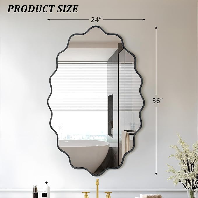 Oval Wavy Wall Mirror -Irregular Wall Mirror with Black Asymmetrical Aluminum Alloy Frame,24"x36" Decorative Wall Mirrors for Bathroom, Bedroom, Living Room, Dining Room，Entryway