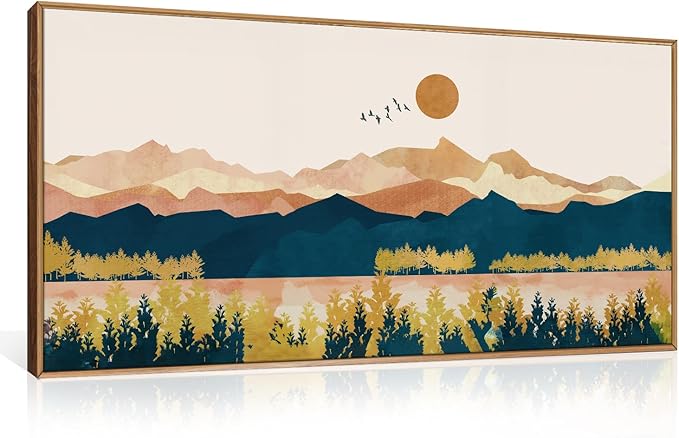 HPINUB Mountain Framed Canvas Wall Art Set, Mid Century Modern Wall Decor, Set of 3 Boho Artwork Nature Art Paintings, Bohemian Art Prints for Living Room, Bedroom, Dining Room, Office - 20"x40"