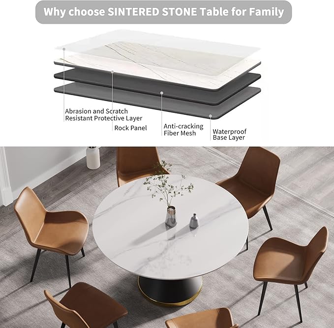 53.15" Round Dining Table, Mid Century Modern Dining Table with PU Base for 6-8 Person, Dining Room Table for Dining Room Kitchen,Living Room, Restaurant, White