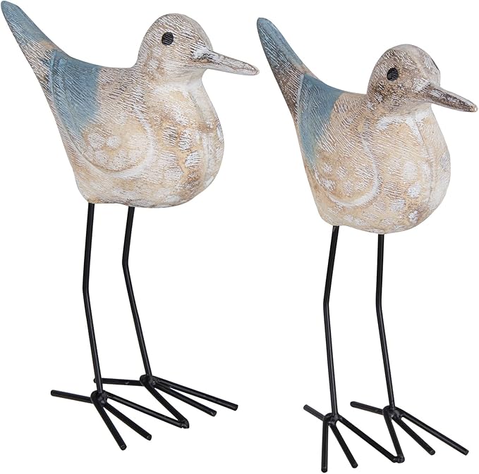 Seagull Statues Coastal Beach Nautical Decor, Wood Sea Bird Sculpture Ornament for Home Room Table Decor (2pcs)