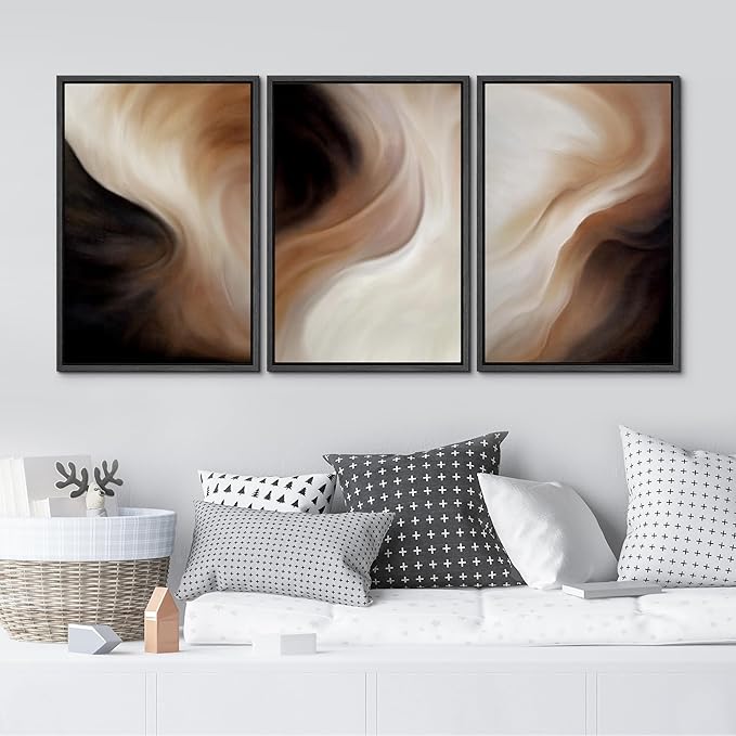 MUDECOR Framed Canvas Print Wall Art Abstract Neutral Brown and Beige Fluid Illustrations Realism Decorative for Living Room, Bedroom, Office - 16"x24"x3 Black