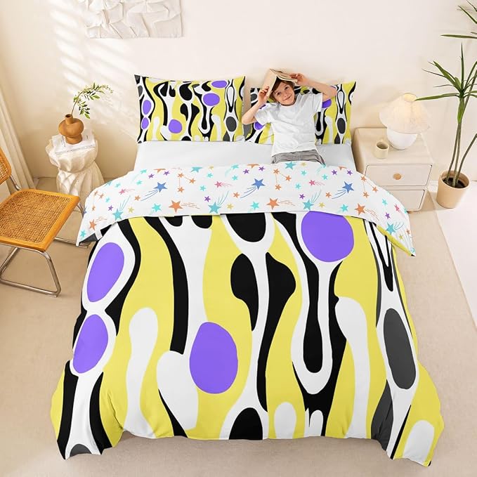 Erosebridal Organic Abstract Duvet Cover Set Modern Contemporary King Bedding Set for Adult Men Boho Mid Century Wavy Lines Comforter Cover Retro Geometric Bed Sets,Yellow Purple
