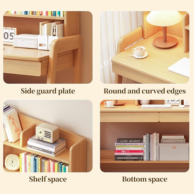Home Office Desk with Drawers & Shelves, Wood Work Desk for Small Spaces, 3-Level Height-Adjustable Desks with Storage, Home Office Table for Bedroom & Office, Natural, 36.7 Inch